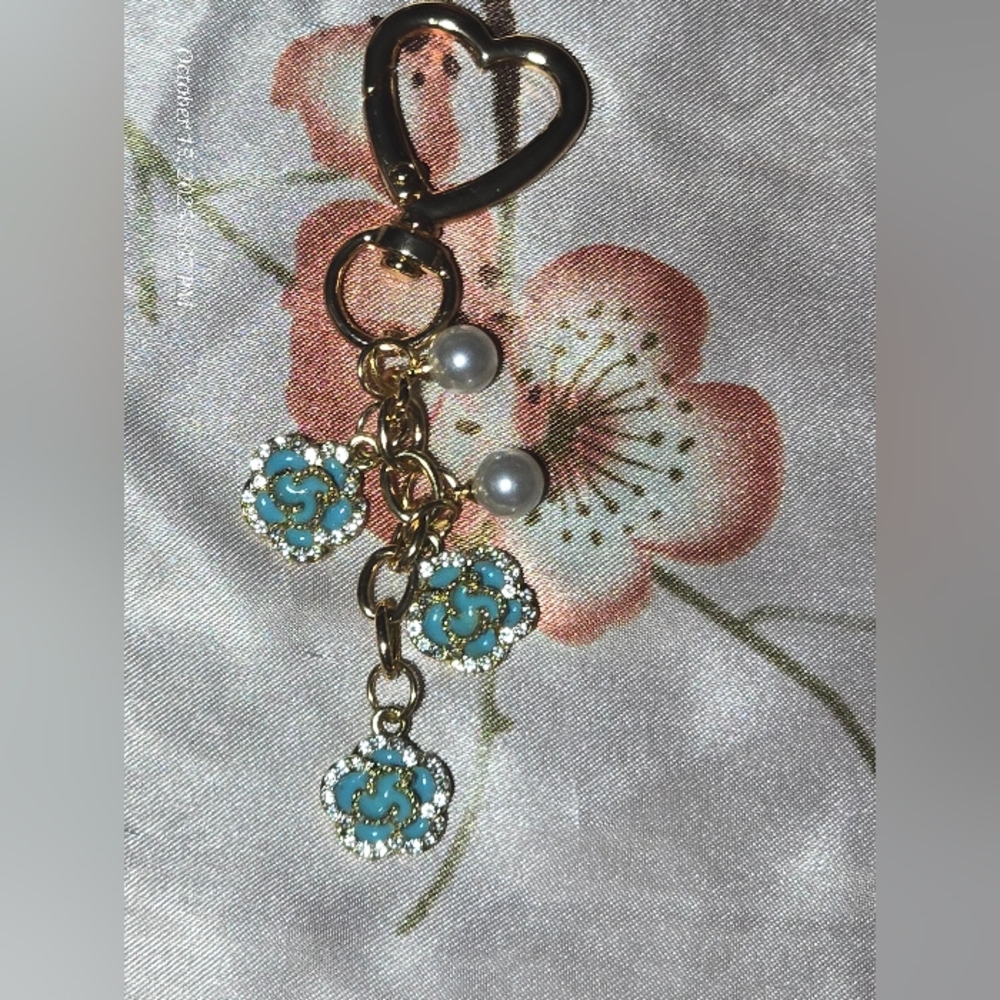 Gold and Turquoise bagcharm with Pearl Accents